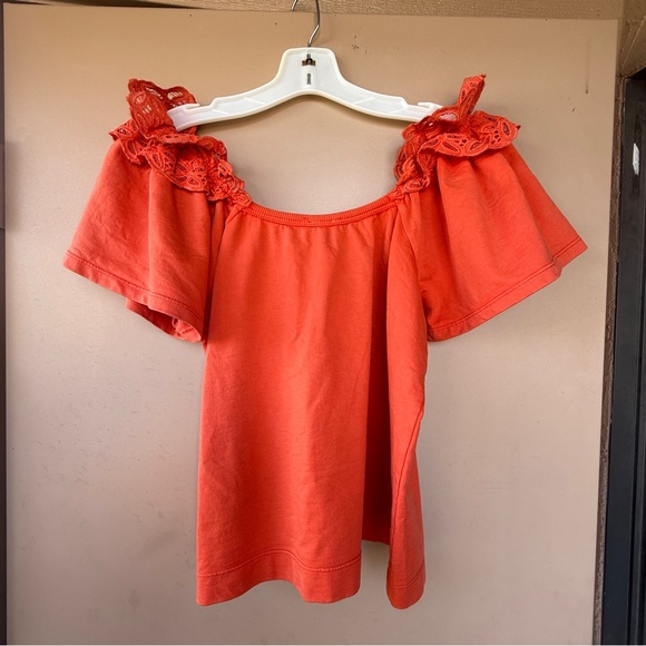 Pilcro Anthropologie Eyelet Ruffle Shoulder Knit Top Blood Orange Women’s Medium - Picture 4 of 10